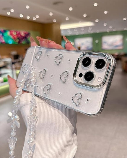 for iPhone 14 Plus Case, [Premium 3D Silver Love Heart Pattern] [Transparent Creative Case] [2-in-1 Beaded Wrist Strap] Soft TPU Shockproof for Women and Girl