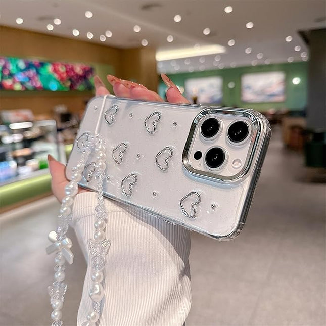 for iPhone 15 Case, [Premium 3D Silver Love Heart Pattern] [Transparent Creative Case] [2-in-1 Beaded Wrist Strap] Soft TPU Shockproof for Women and Girl