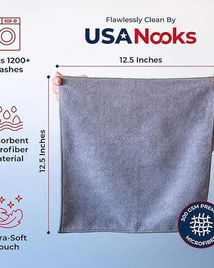 USANOOKS Microfiber Cleaning Cloth Grey - 12 Pcs (12.5"x12.5") - High Performance - 1200 Washes, Ultra Absorbent Microfiber Towel Weave Grime & Liquid for Streak-Free Mirror Shine - Car Washing Cloth