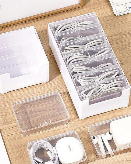 7 Case Cable Storage Box with Cable Straps and Label Stickers, Travel Cord Organizer for Charging Cables, USB Wires, Earphones – Drawer Organization for Home & Office (7 Cases + 7 Cable Straps)