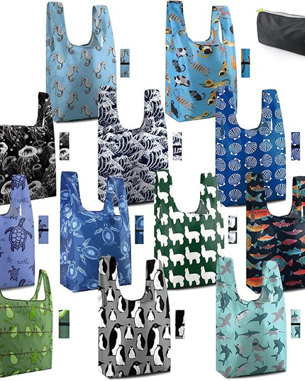 BeeGreen Heavy Duty Reusable Grocery Bags Shopping Bags for Groceries - 12 Pack Foldable Tote Bag Large Travel Cloth Bags with Handles - Reusable Gifts Holiday Bags Gift Bag for Women Animal Lover