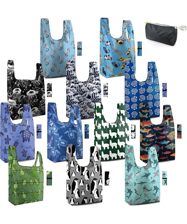 BeeGreen Heavy Duty Reusable Grocery Bags Shopping Bags for Groceries - 12 Pack Foldable Tote Bag Large Travel Cloth Bags with Handles - Reusable Gifts Holiday Bags Gift Bag for Women Animal Lover