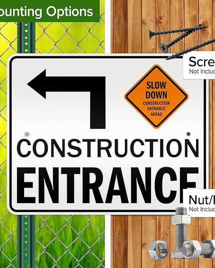 Slow Down Construction Entrance Ahead With Left Arrow Sign, 24x30 Inches, 3M EGP Reflective .080 Aluminum, Fade Resistant, Made in USA by My Sign Center