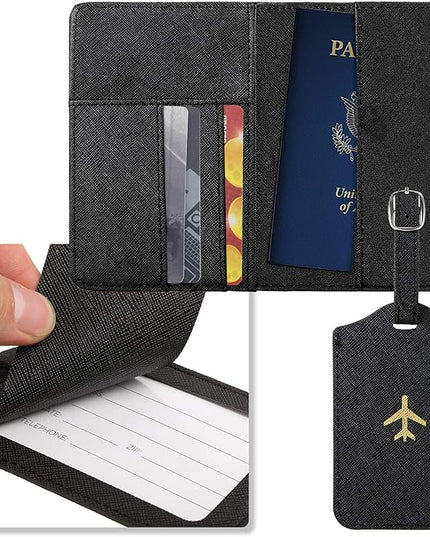 Weewooday 2 Pieces Passport Covers and 2 Pieces Luggage Tags, Passport Holder Travel Suitcase Tag (Brown, Black)