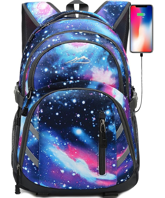 ProEtrade Backpack Bookbag for College Laptop Travel,Fit Laptop Up to 15.6 inch with USB Charging Port Multi Compartment Anti theft, Gift for Women Men (Galaxy)