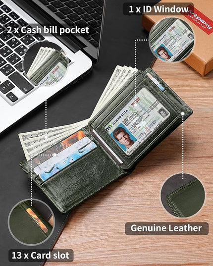 Artpaxy Mens Wallet Bifold Genuine Leather RFID Blocking Wallet for Men with 1 ID Windows 13 Card Holders 2 cash pockets 1 Gift Box