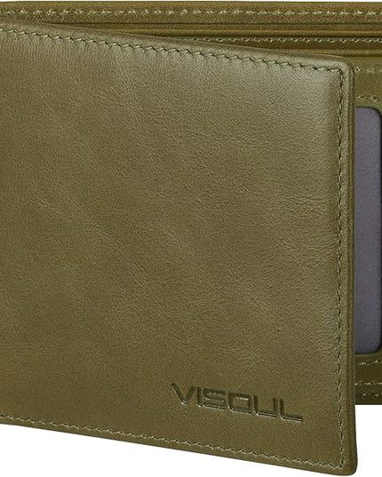 VISOUL Men's Bifold Wallet with 2 ID Windows, Genuine Leather Card Holder Front Pocket Wallet with RFID Blocking for Men (Green)