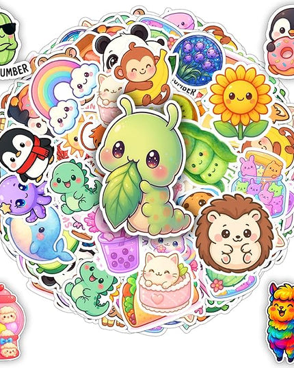 100 PCS Cute Kawaii Stickers Pack Vinyl Waterproof Adorable Food Animal Cartoon Decals Hard Hat Bumper Car Water Bottle Scrapbook Laptop Gift for Men Women Birthday