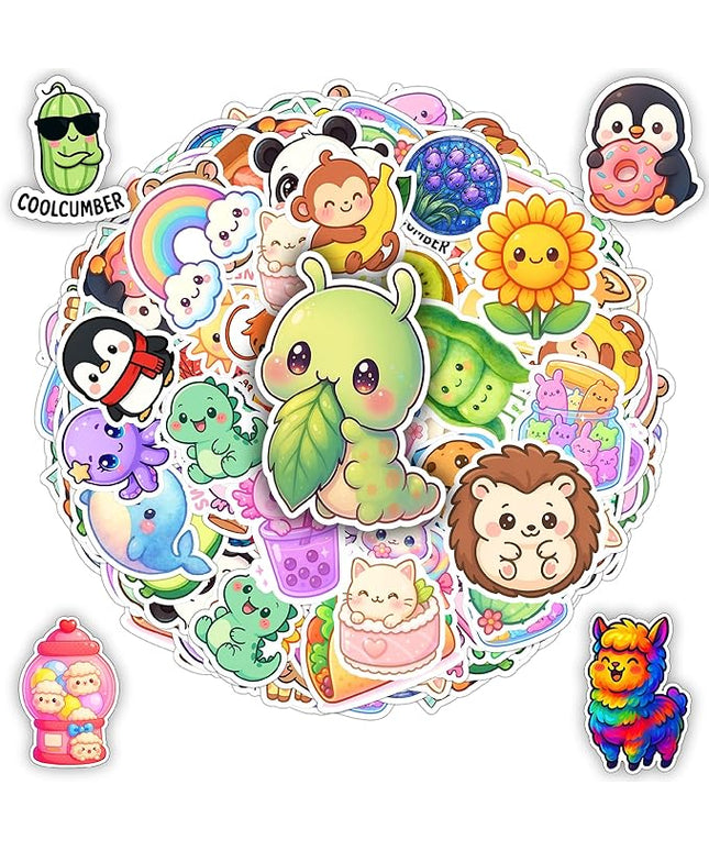100 PCS Cute Kawaii Stickers Pack Vinyl Waterproof Adorable Food Animal Cartoon Decals Hard Hat Bumper Car Water Bottle Scrapbook Laptop Gift for Men Women Birthday