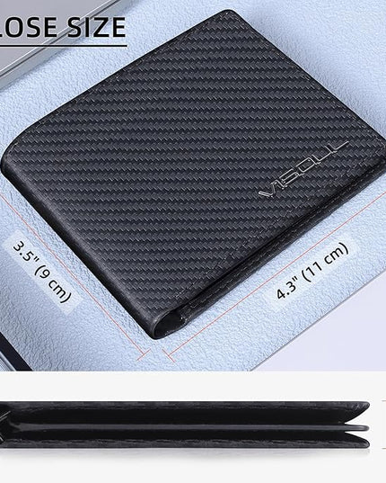 VISOUL Mens Carbon Fiber Leather Bifold Wallet with 2 ID Windows, RFID Blocking Secure Designer Wallets for Men with Two Cash Compartments (Black+Black)