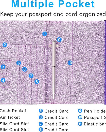 ACdream Passport Holder Cover, Leather Travel Wallet Case, RFID Blocking Document Organizer Protecrtor, with Slots for Credit Cards, Boarding Pass, for Women and Men, Glitter Purple