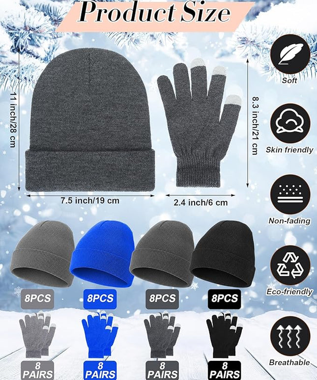 Suhine Bulk Winter Hats and Gloves Set Warm Beanie Gloves Pack Homeless Supplies for Cold Weather Charity