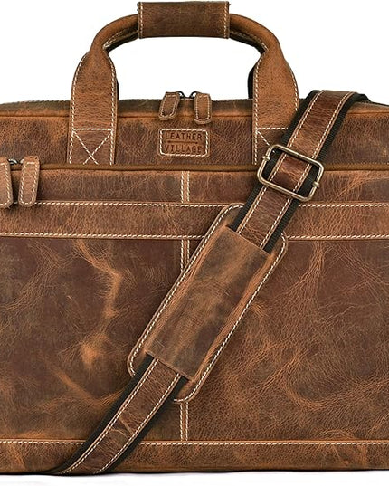 LEATHER VILLAGE 18" Leather Laptop Messenger Briefcase Bag for Men-Leather Satchel for Travel and Office Shoulder Bag- Sun Tan Brown