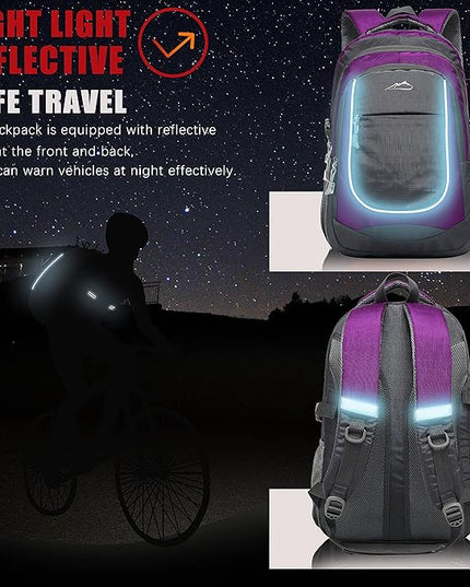 ProEtrade Backpack Bookbag for College Sturdy Travel Business Hiking Fit Laptop Up to 15.6 Inch Multi Compartment Gifts for Men Women Night Light Reflective (Purple A)