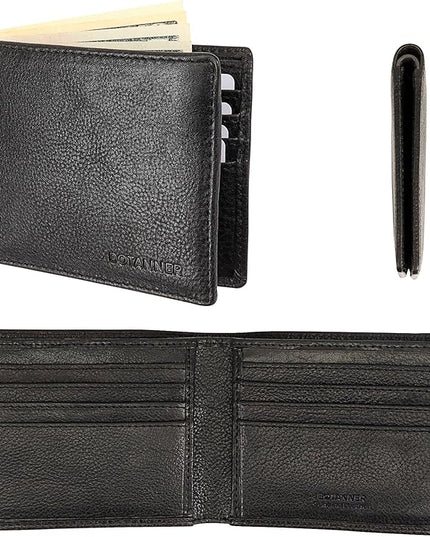 BOTANNER Genuine Leather Bifold Mens Slim Wallet RFID Blocking with 8 Credit Card Slots 2 Sections for Bills 2 Additional Slots | For Him (Black)