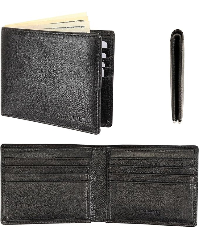 BOTANNER Genuine Leather Bifold Mens Slim Wallet RFID Blocking with 8 Credit Card Slots 2 Sections for Bills 2 Additional Slots | For Him (Black)