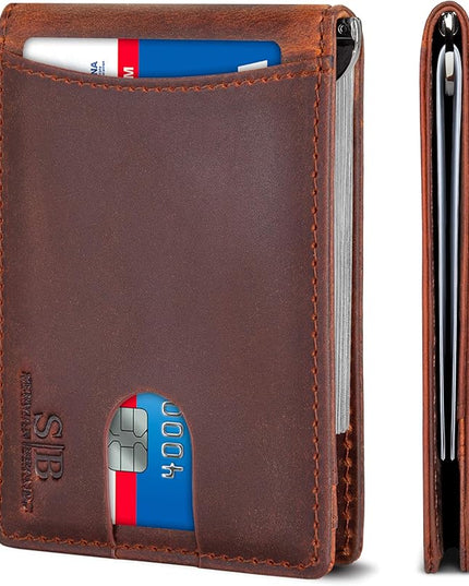SERMAN BRANDS RFID Blocking Slim Bifold Genuine Leather Minimalist Front Pocket Wallets for Men with Money Clip Thin Mens
