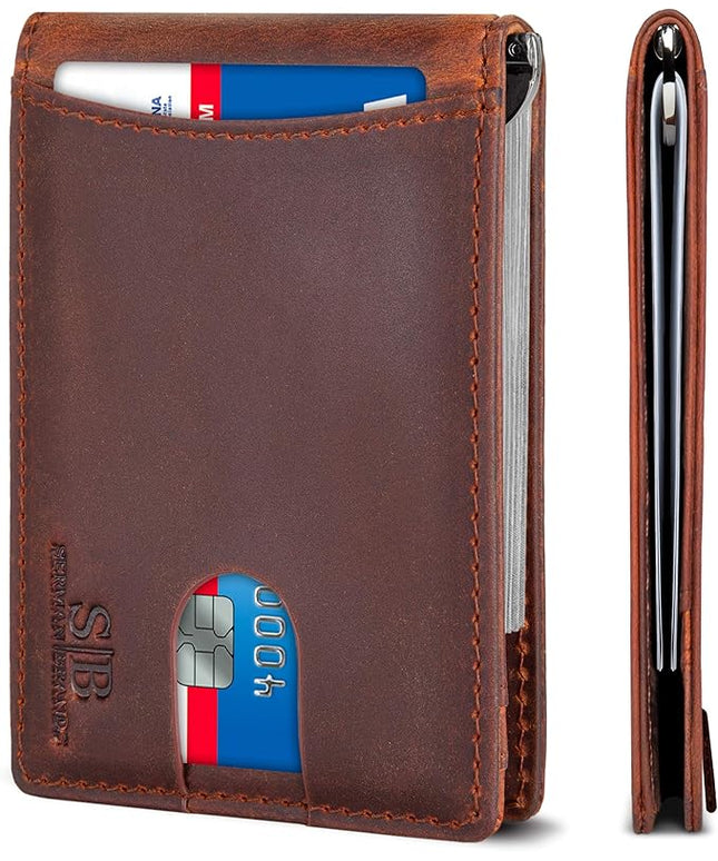 SERMAN BRANDS RFID Blocking Slim Bifold Genuine Leather Minimalist Front Pocket Wallets for Men with Money Clip Thin Mens