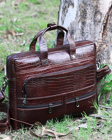 Crocodile Embossed leather bag for men, 5 Zipper Pockets with Spacious Compartments.,12 x 16 x 4 inches.