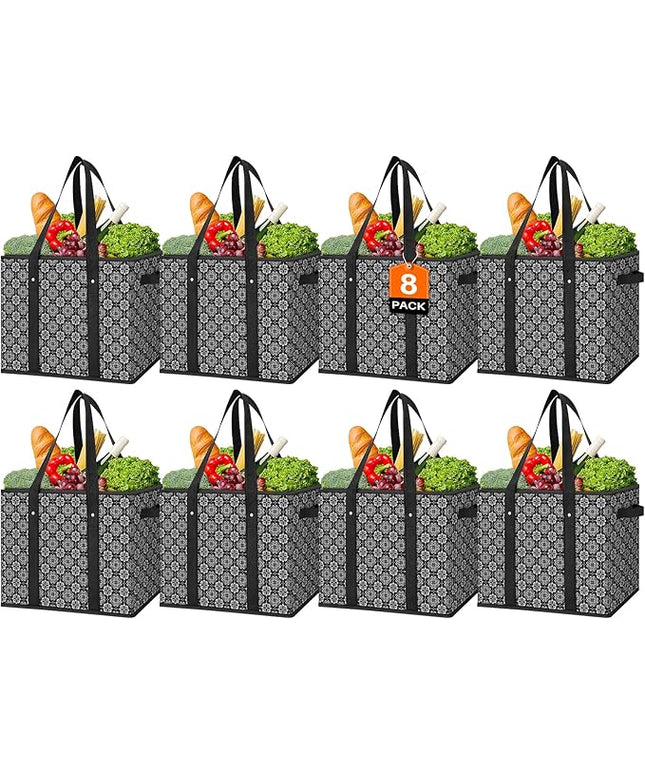 WISELIFE Reusable Grocery Bags 8 Pack,Large Grocery Tote Bag Water Resistant Shopping Bags Foldable Grocery Bag for Clothes,Shoes and Picnic,Black