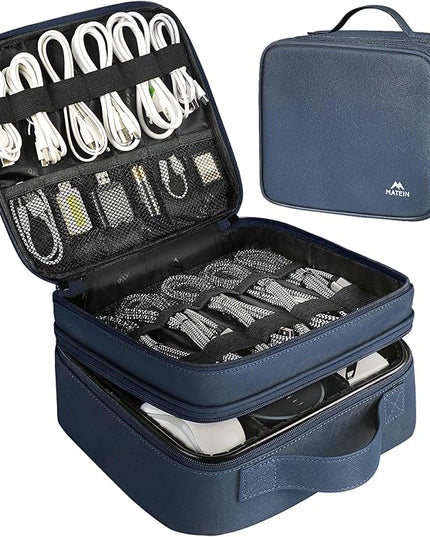 MATEIN Cord Organizer Case with Adjustable Divider, DJ Cable File Bag for Electronic Storage, USB Cable, Charger, Tech Accessories, Shockproof Portable Double Layer Cord Bags, Blue