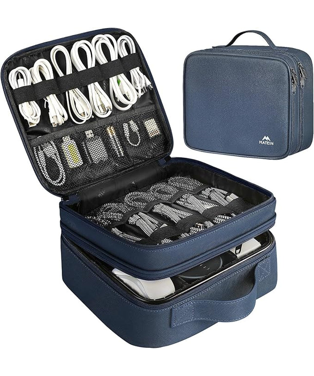 MATEIN Cord Organizer Case with Adjustable Divider, DJ Cable File Bag for Electronic Storage, USB Cable, Charger, Tech Accessories, Shockproof Portable Double Layer Cord Bags, Blue