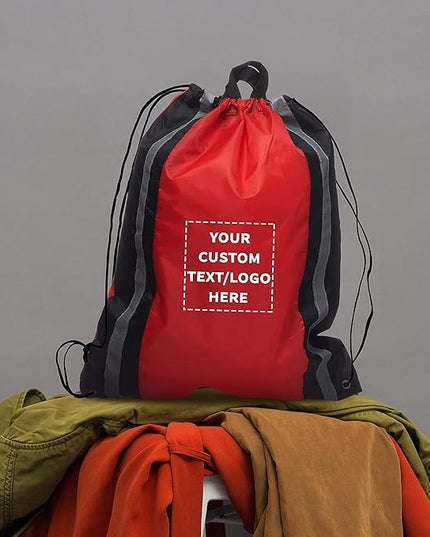 DISCOUNT PROMOS Custom Classic Polyester Drawstring Backpack Set of 10/50/100, Personalized Bulk Pack - Great for Travelling, Gym and for Everyday Use - Red