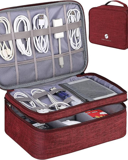 ORIENT FAMULAY Travel Electronics Organizer, Waterproof Cable Organizer Bag for Electronic Accessories Double Layer Large Shockproof Cable Storage Bag for Cord, Power Bank, Tablet(Up to iPad 11 inch) - Wine Red