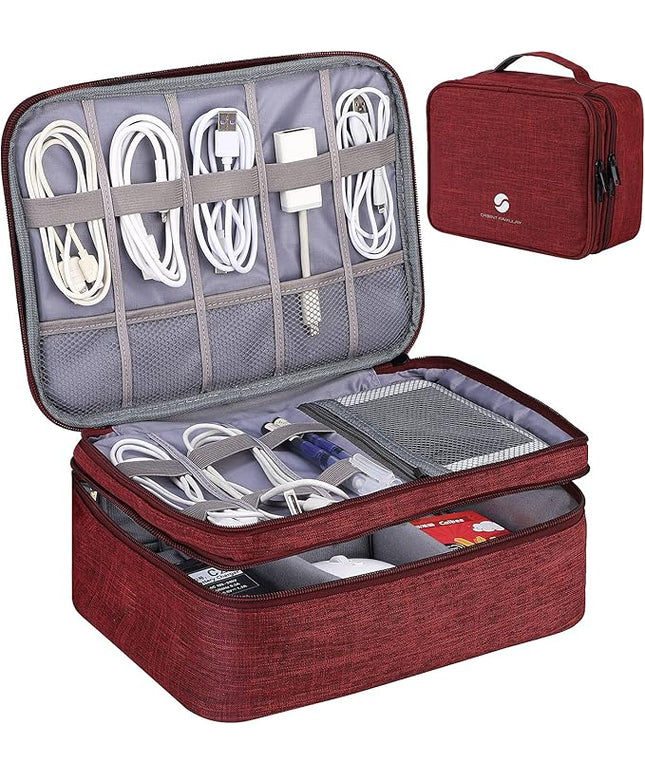 ORIENT FAMULAY Travel Electronics Organizer, Waterproof Cable Organizer Bag for Electronic Accessories Double Layer Large Shockproof Cable Storage Bag for Cord, Power Bank, Tablet(Up to iPad 11 inch) - Wine Red