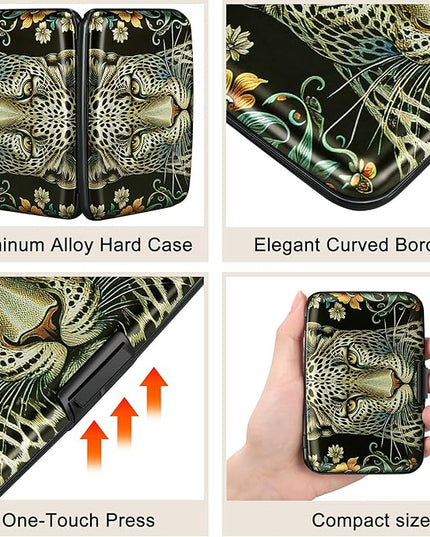 ELFISH Mini RFID Aluminum Wallet Credit Cards Holder Business Card Case Metal ID Case for Men Women(Black Leopard)