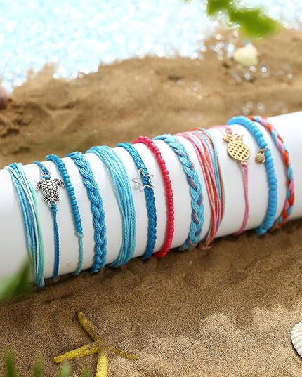 LOLIAS 24 Pieces Waterproof String Bracelets for Women Surfer Wave Boho Bracelet Adjustable Handmade Friendship Bracelet String Ocean Beach Boho Bracelets Anklets for Women