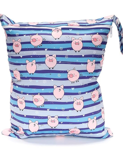 Wet Dry Bag Cloth Diaper Nappy Reusable Washable With Two Zippered Pockets (Pigs Stripe)