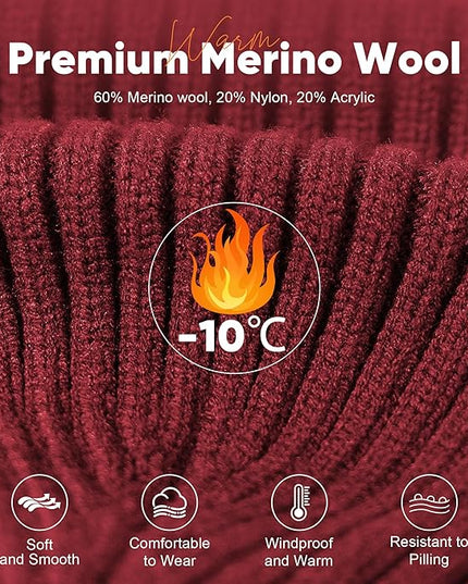 Merino Wool Beanie Hat for Men Women - Thermal Knitted Winter Hat for Large Heads Hiking Running Cap Wrap for Cold Weather