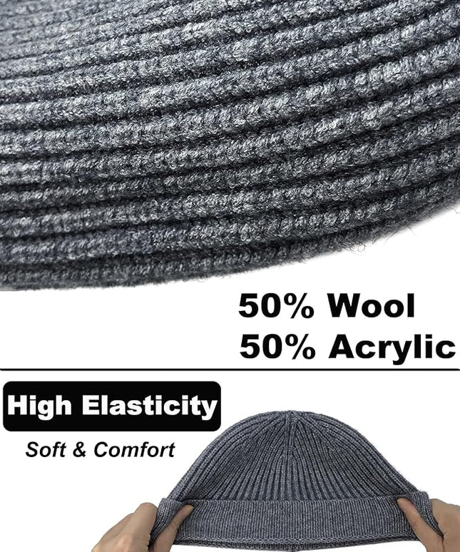 Short Fisherman Beanie for Men Women, Wool Knit Cuff Warm Winter Hats, Trawler Beanie Watch Caps Soft Skullcap
