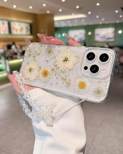 for iPhone 15 Plus Case, [Real Daisy White Flower & Gold Foil][with Luxury Bracelet Wrist Strap] Floral Design, Clear Soft TPU for Women and Girls