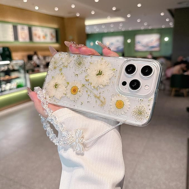 for iPhone 15 Plus Case, [Real Daisy White Flower & Gold Foil][with Luxury Bracelet Wrist Strap] Floral Design, Clear Soft TPU for Women and Girls