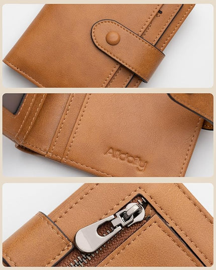 Alldaily Small RFID Blocking Leather Wallet for Women, Bifold with 10 Card Slots and Zipper Pocket (Brown)