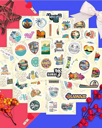 BulbaCraft 100Pcs Hawaii Stickers for Water Bottle and Laptop - Hawaiian Party Supplies & Decorations, Waterproof Vinyl Decals, State Pride and Icon Stickers, Gifts for Women & Men