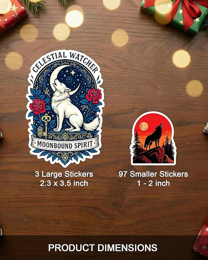 100 Pcs Wolf Stickers Pack Magic Animals Sticker Vinyl Cute Moon Mystic Family Wolves Car Decals Laptop Decor Water Bottles Scrapbook Hard Hat Gift for Unisex Adults Teen Men Women