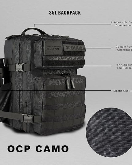 WOLFpak 35L Athletic Gym Backpack - Durable 1000D Waterproof Oxford Material with MOLLE Webbing, Laptop Pocket & Dual Cup Holders, Durable Fitness/Travel/Military Daypack (Black Leopard)