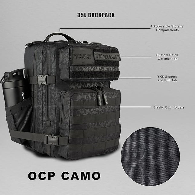 WOLFpak 35L Athletic Gym Backpack - Durable 1000D Waterproof Oxford Material with MOLLE Webbing, Laptop Pocket & Dual Cup Holders, Durable Fitness/Travel/Military Daypack (Black Leopard)