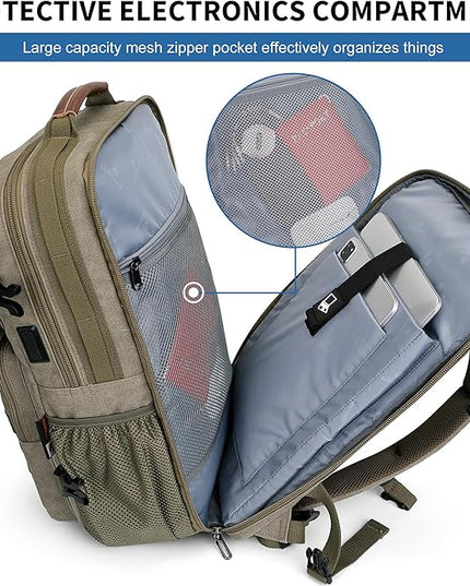WITZMAN Travel Backpack for Men Large Canvas Laptop Backpack Fit 16 inch Carry on TSA Friendly Flight Approved Vintage Rucksack for Traveling(A8012 Army Green)