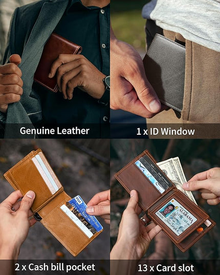 Artpaxy Mens Wallet Bifold Genuine Leather RFID Blocking Wallet for Men with 1 ID Windows 13 Card Holders 2 cash pockets 1 Gift Box