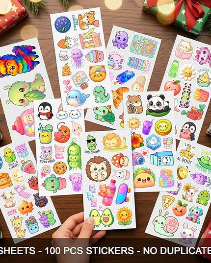 100 PCS Cute Kawaii Stickers Pack Vinyl Waterproof Adorable Food Animal Cartoon Decals Hard Hat Bumper Car Water Bottle Scrapbook Laptop Gift for Men Women Birthday