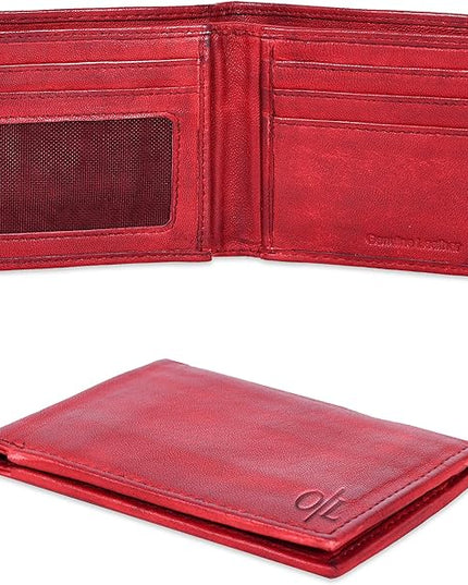 Oak Leathers Slim Leather Wallet for Men - RFID Blocking Slim Minimalist Front Pocket - Thin & Stylish with ID Window, Gift For Men (Vintage Red)