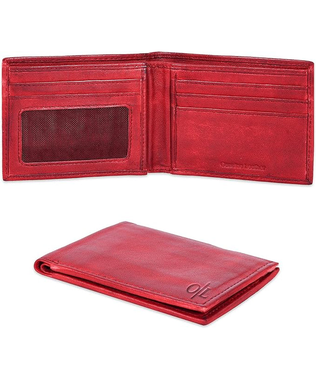 Oak Leathers Slim Leather Wallet for Men - RFID Blocking Slim Minimalist Front Pocket - Thin & Stylish with ID Window, Gift For Men (Vintage Red)