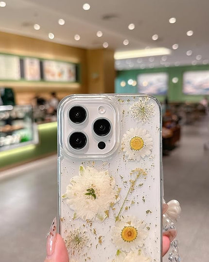 for iPhone 16 Pro Case, [Real Daisy White Flower & Gold Foil][with Luxury Bracelet Wrist Strap] Floral Design, Clear Soft TPU for Women and Girls