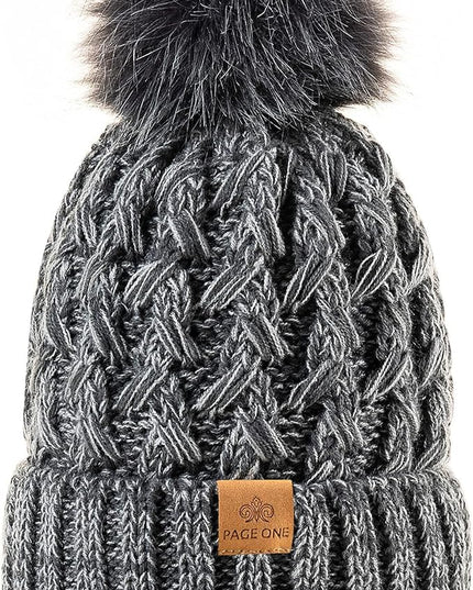 PAGE ONE Womens Winter Ribbed Beanie Crossed Cap Chunky Cable Knit Pompom Soft Warm Hat