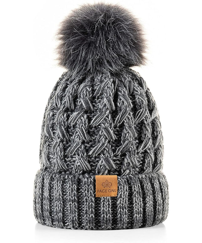 PAGE ONE Womens Winter Ribbed Beanie Crossed Cap Chunky Cable Knit Pompom Soft Warm Hat