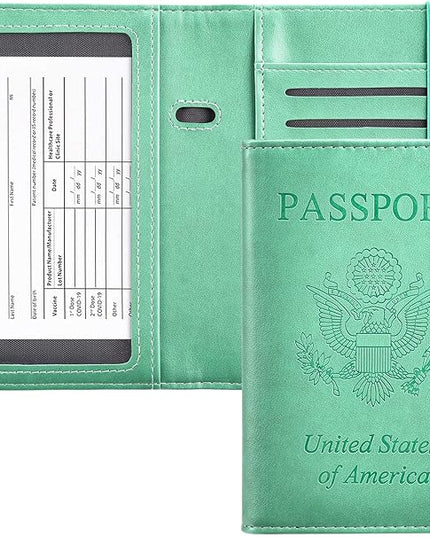 HerriaT Passport and Vaccine Card Holder Combo,Cover Case with CDC Vaccination Card Slot, Leather Travel Documents Organizer Protector, with RFID Blocking, for Women and Men